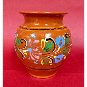 Vintage HUNGARIAN Redware FOLK ART Pottery Vase 6" Good Condition